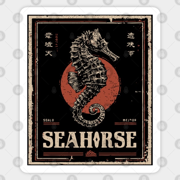 Seahorse Vintage Ocean Poster with Distressed Marine Style Sticker by TuncGK